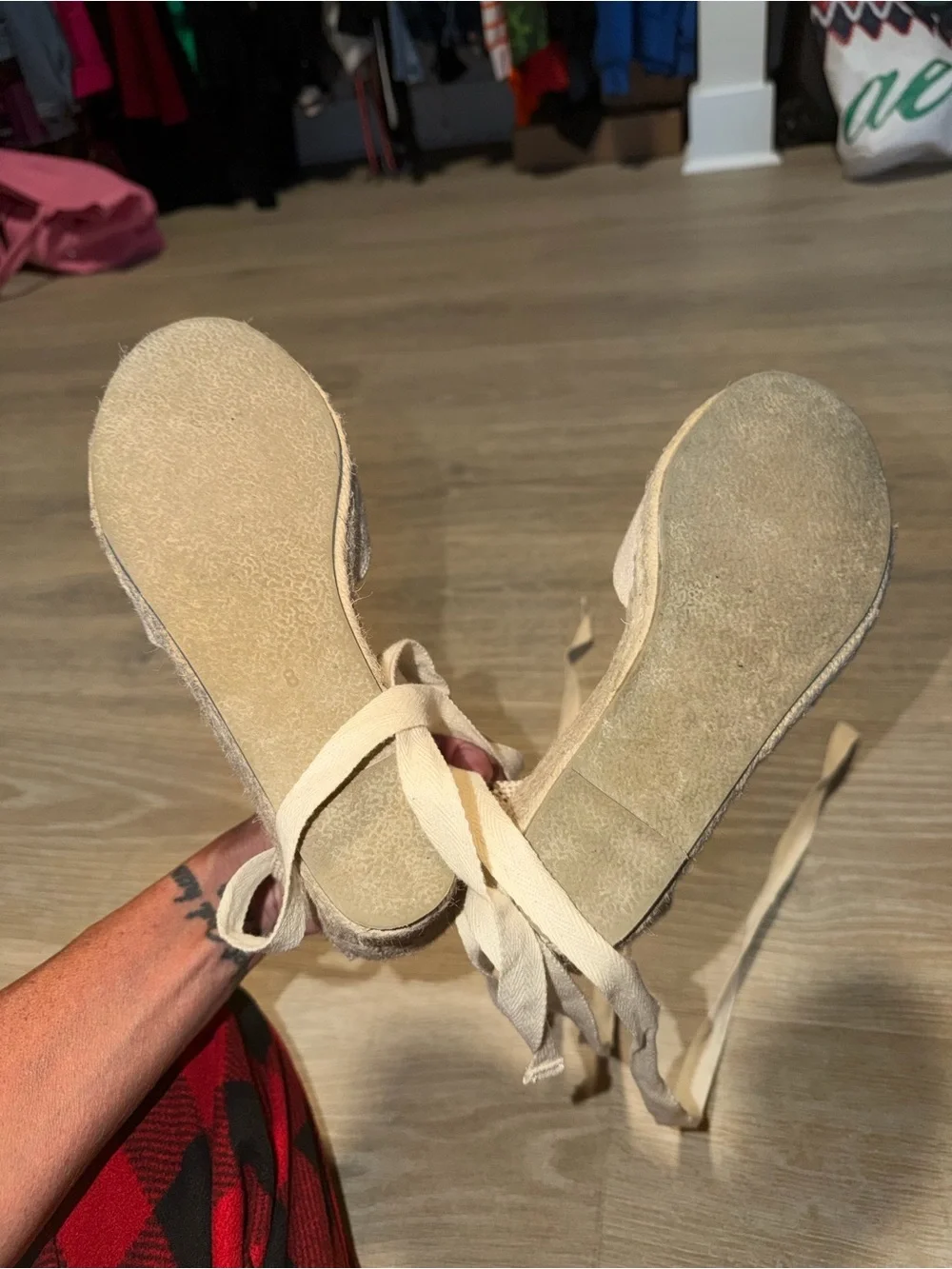 Canvas Espadrille Lace-Up Flats in Beige